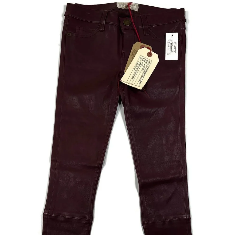 Leather Women's Burgundy Pants - Picture 2 of 12